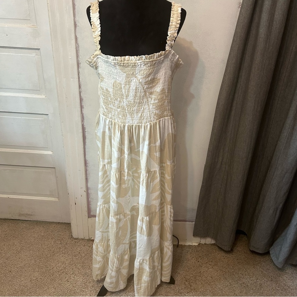 GAP Women Maxi Summer Dress Tiered Smocked Floral Linen Viscose XXL Lined Beachy